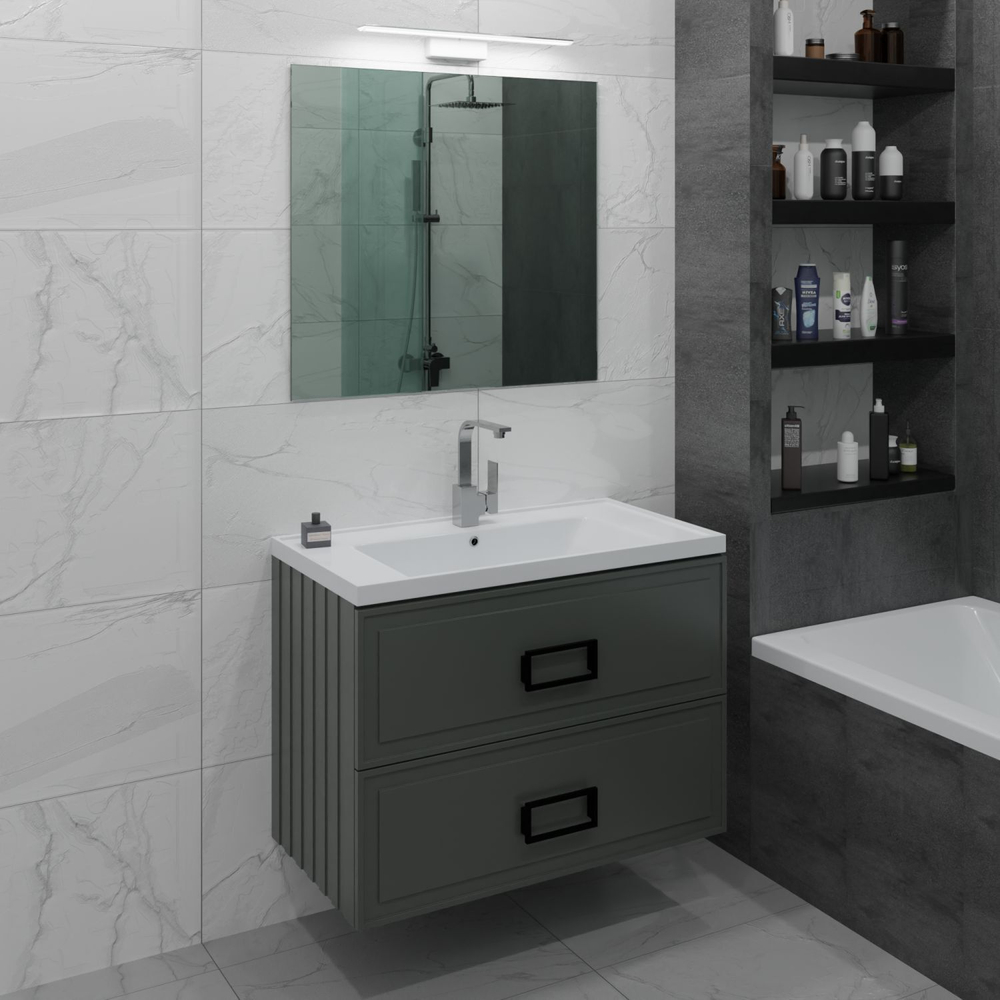 Тумба с раковиной La Fenice Cubo Grigio Twin 100 см FNC-01-CUB-G-100-2 серо-зеленая матовая