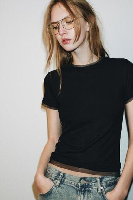 ZARA ФУТБОЛКА КОМБИНИРОВАННАЯ, ЧЕРНЫЙ