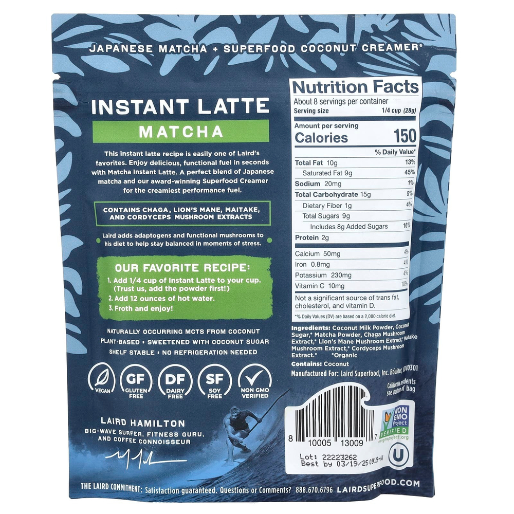 Laird Superfood, Растворимый латте, матча + крамер + адаптогены, матча, 227 г (8 унций)