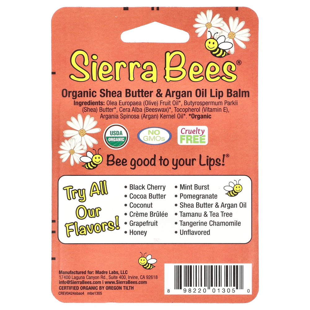 Sierra Bees, Органические бальзамы для губ, масло ши и аргановое масло, 4 штуки в упаковке весом 0,15 унции (4,25 г) каждая