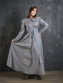 Платье с кушаком /серо-голубая клетка