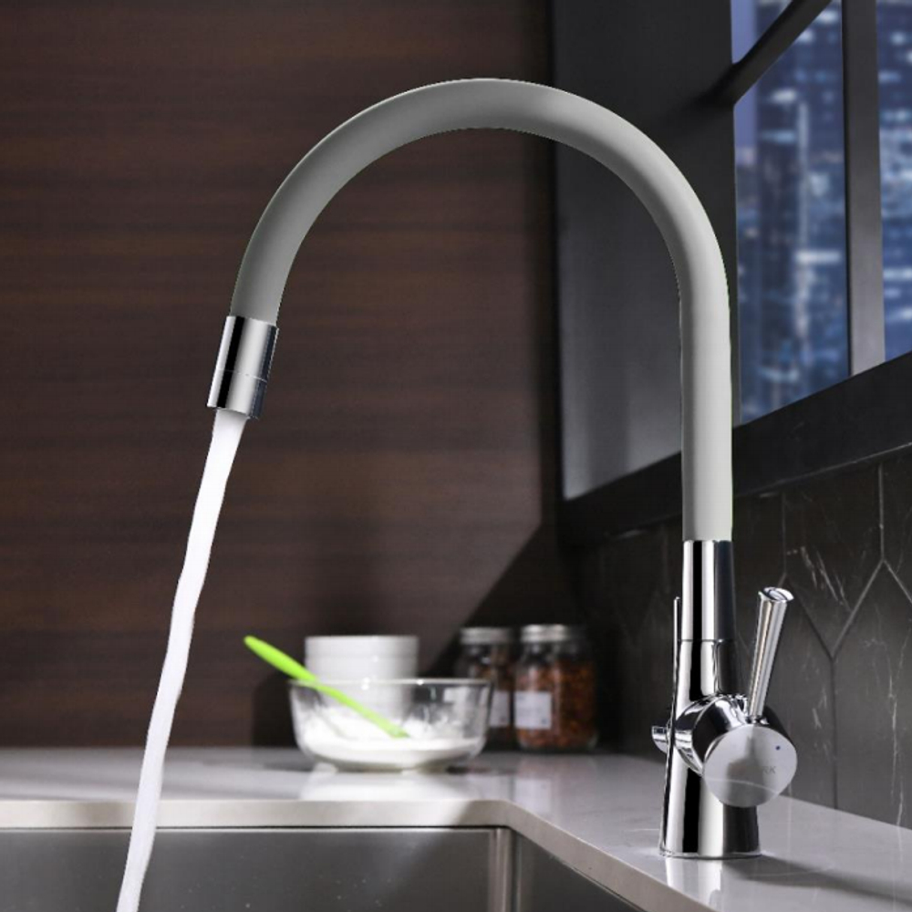 LM3075C-Gray COMFORT Смес-ль для кух, с гиб излив с подключ к фильт питьевой воды, хром/серый