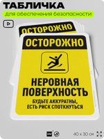 Табличка для обеспечения безопасности "Осторожно, неровная поверхность", для офиса, по охране труда для предприятия, организаций, 40х30 см, Silver Plane x Айдентика Технолоджи