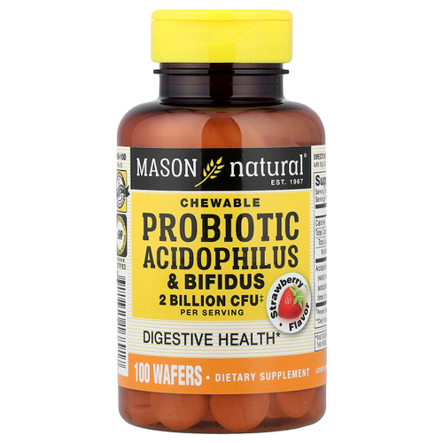 Mason Natural, жевательный пробиотик ацидофилус и бифидус, клубничный вкус, 100 жевательных таблеток (34 мг в 1 таблетке)