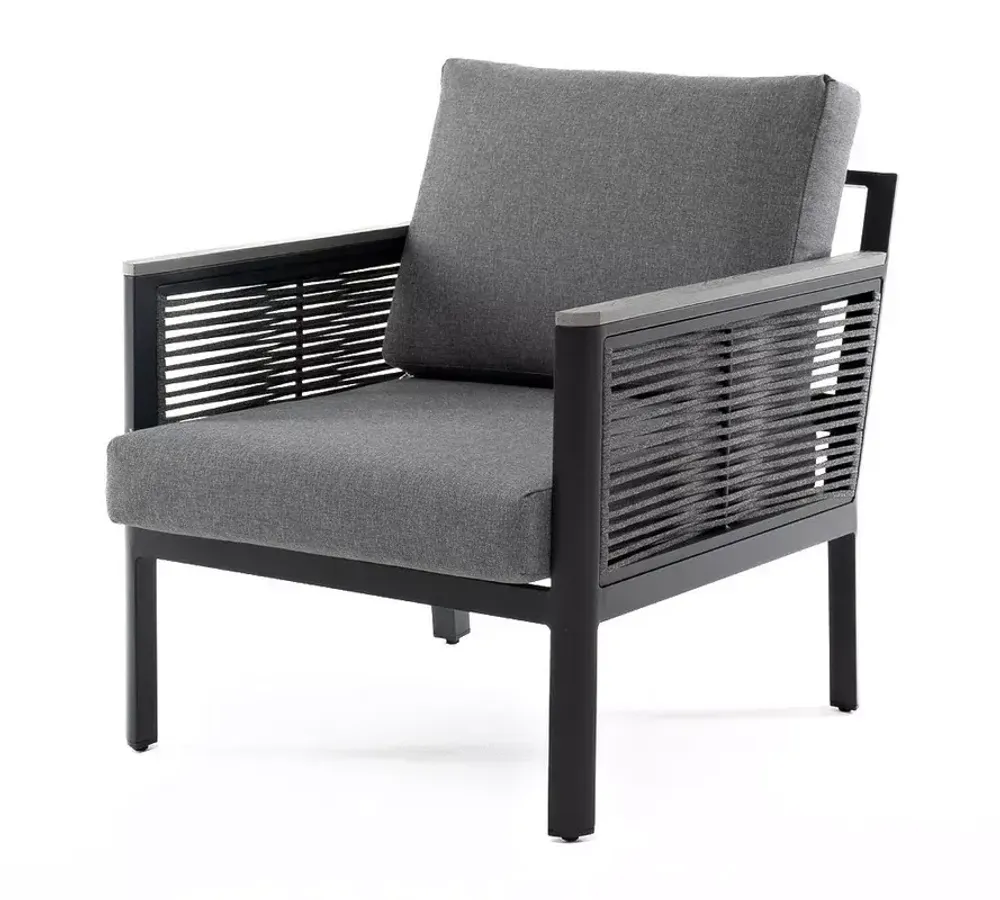 "Сан Ремо" кресло плетеное из роупа садовое, каркас алюминий темно-серый, роуп серый, ткань серая