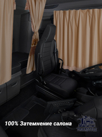 Шторы на лобовое (высота 0,90м, ширина одной стороны - 2,30м) и спальное место (высота 1,45м, ширина одной стороны - 1,15м) с бахромой и кистями в кабину грузовика. Полный комплект. Блэкаут, велюр. Бежевый цвет с коричневыми кистями-прихватами