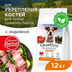 Корм сухой для взрослых собак средних пород, премиум полнорационный комплекс, укрепление костей, с индейкой, 12 кг, QUATTRO