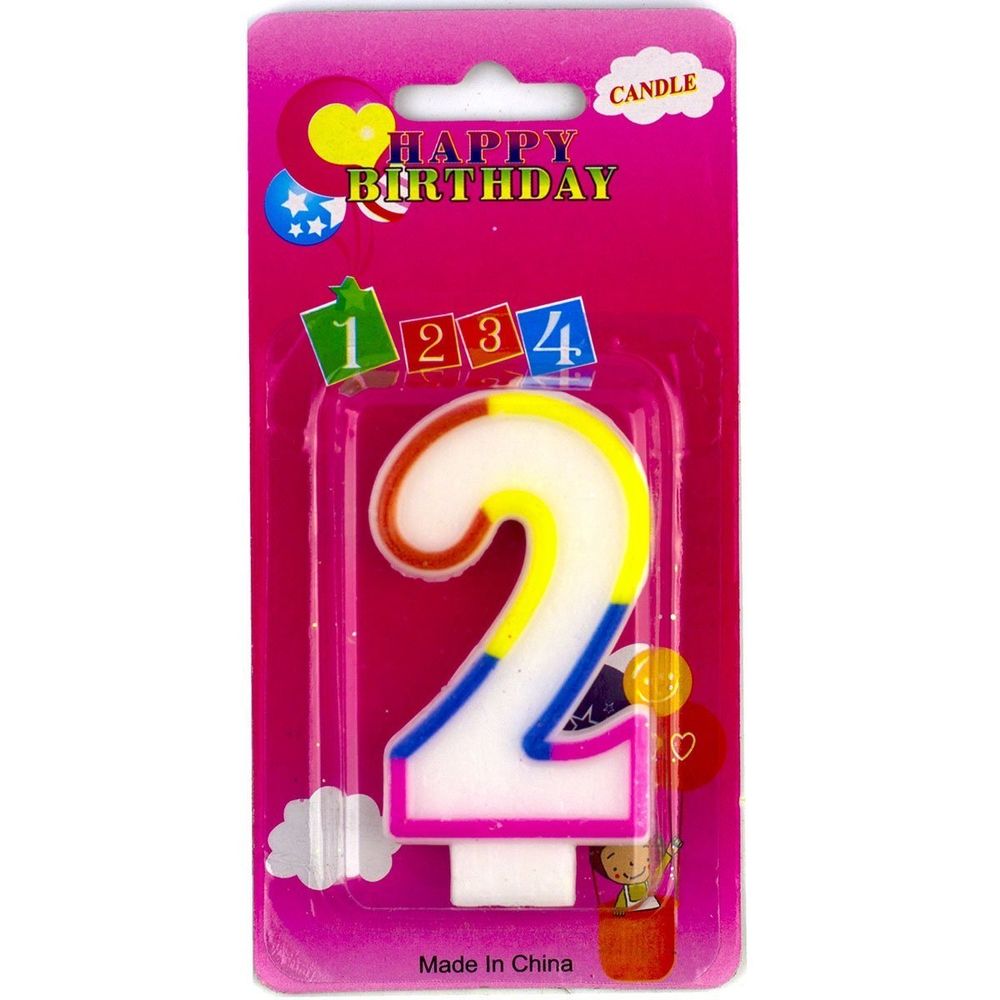 Свеча для торта с держателем Alingar, 7,0 см, "Цифра 2", белый цвет, цветная окантовка, блистер с европодвесом