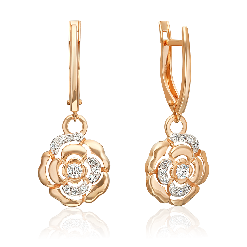 Серьги «Камелии» с английским замком из красного золота с фианитами