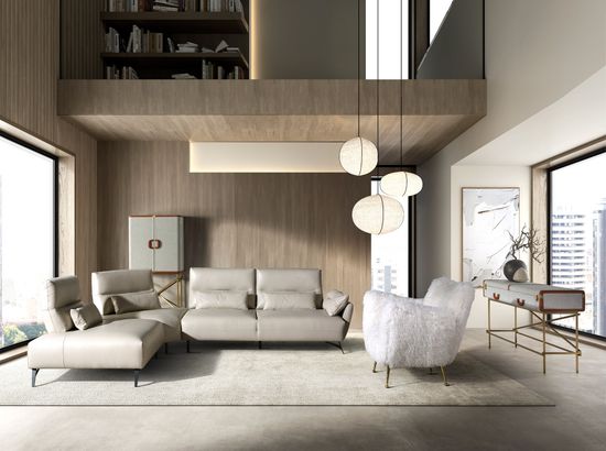 Высокий буфет 3272 из ткани, ореха и полированной золотистой стали