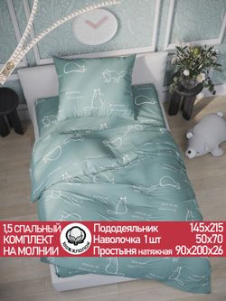 Постельное белье "КОТИКИ (мята)" 1,5-сп   наволочка 50х70 1шт Простынь на резинке 90х200 см  Пододеяльник 145х215 см  Сказка сатин
