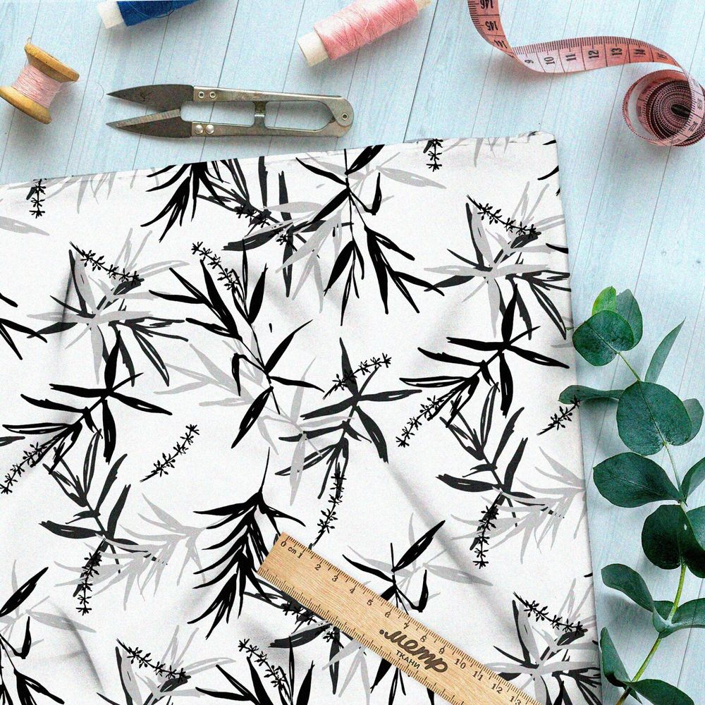 Ткань поплин тонкая китайская листва на белом фоне