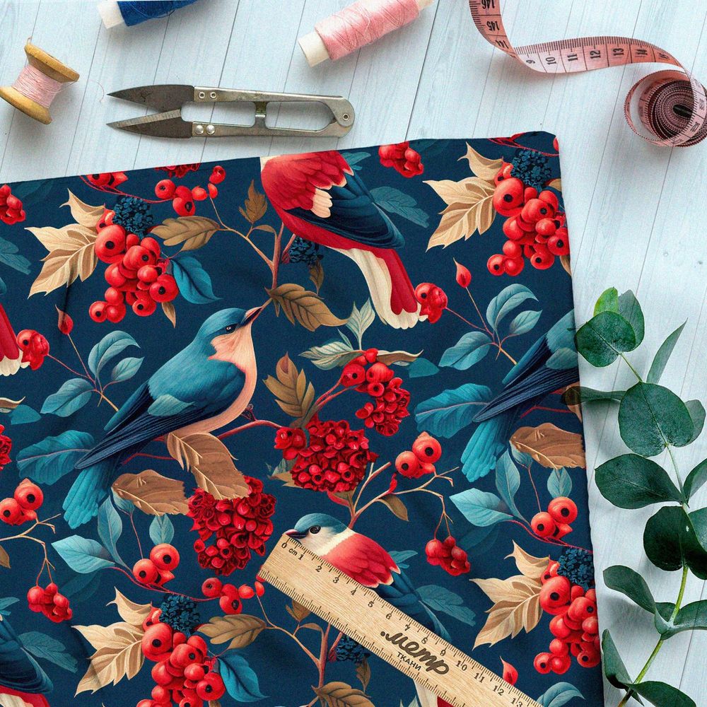 Ткань оксфорд 210 птичья жизнь в рябине