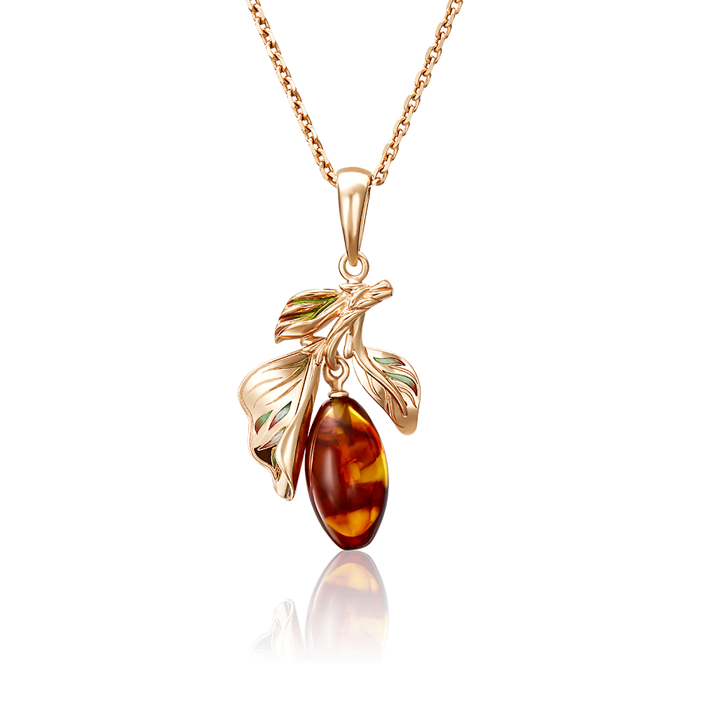 Подвеска «Барбарис» из красного золота с янтарём и эмалью