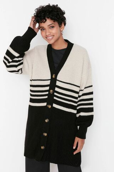Черно-белый полосатый кардиган из трикотажа с костяными пуговицами TCTAW23HI00006