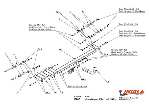 Фаркоп IMIOLA R.043 Renault Laguna лифтбек 2008-2015(паспорт и сертификат в комплекте)(без электрики)