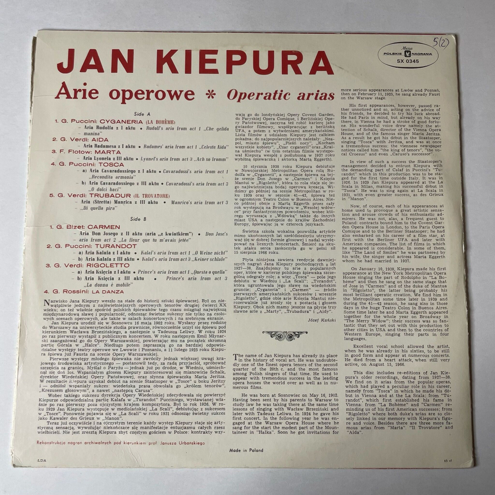 Винтажная виниловая пластинка LP Jan Kiepura Arie Operowe Operatic Arias (Польша 1966)