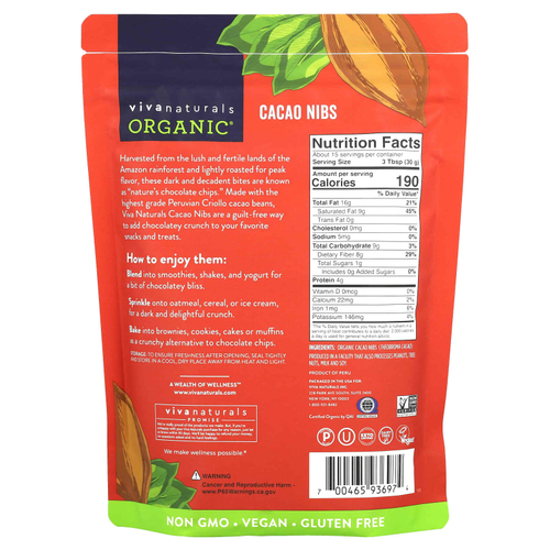 Viva Naturals, органические ядра какао-боба, 454 г (1 фунт)