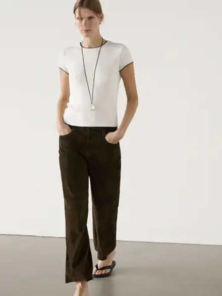Massimo Dutti Футболка с контрастной окантовкой, натуральный, кремовый
