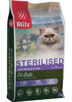 Blitz Holistic Sterilised Cat низкозерновой сухой корм для стерилизованных кошек с курицей и печенью