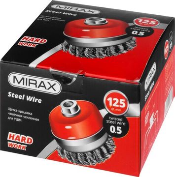 MIRAX 120 мм, жгутированная стальная проволока 0.5 мм,чашечная щетка-крацовка для УШМ (35144-125)