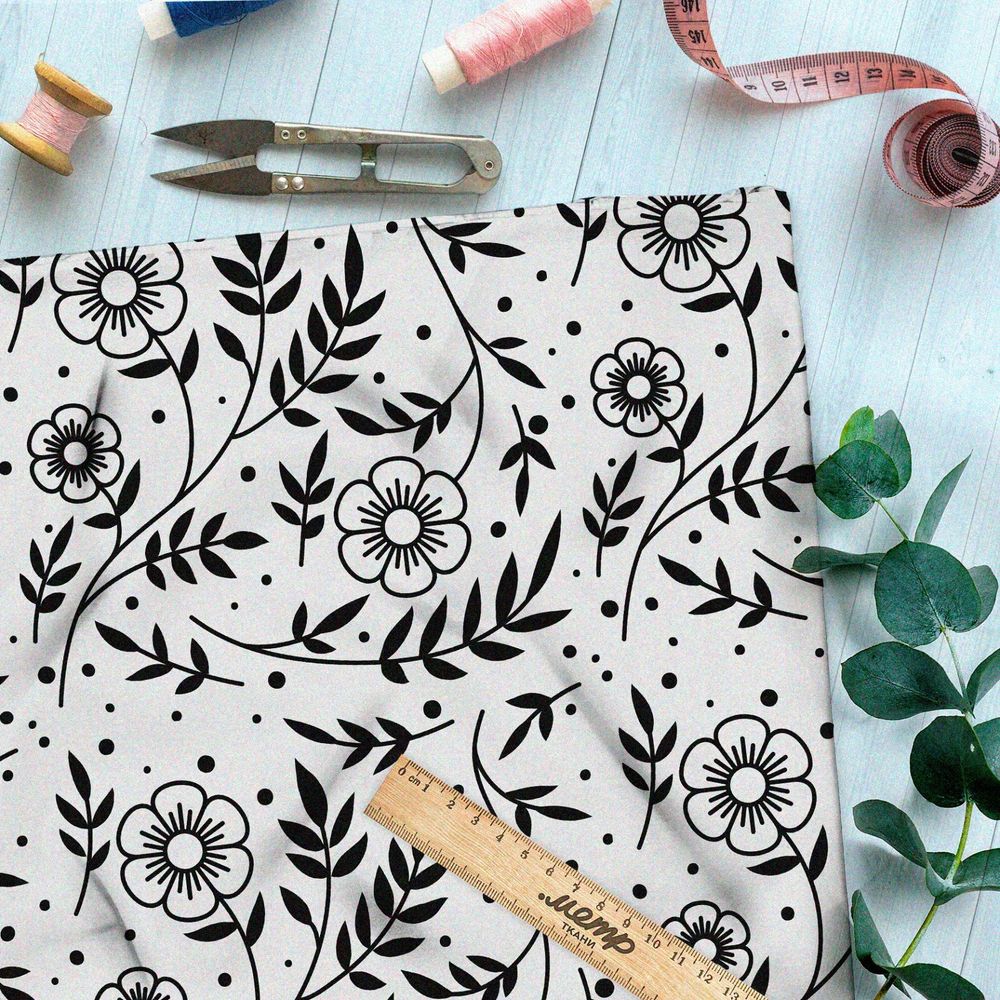 Ткань дюспо чёрные цветы на бежевом фоне