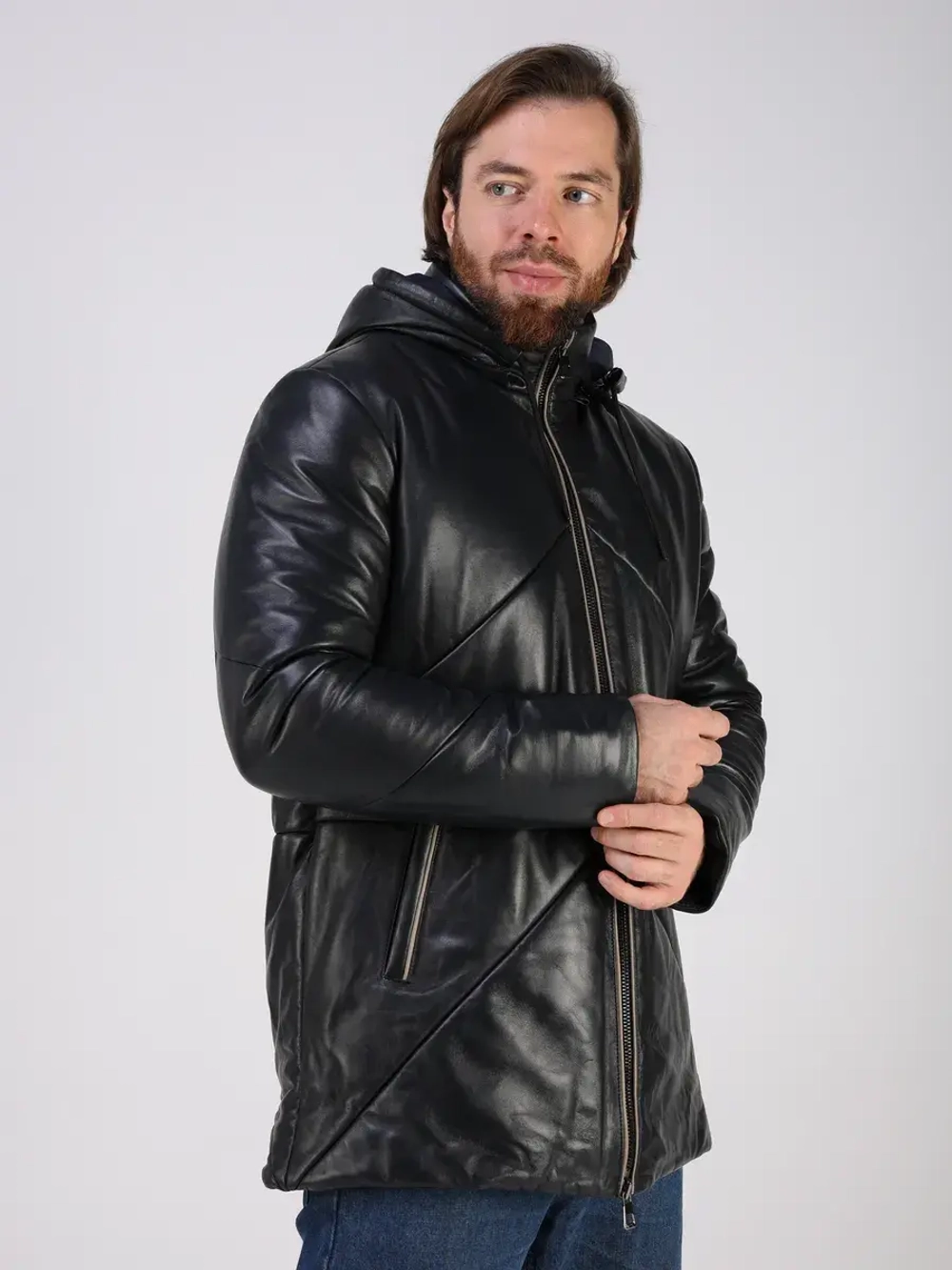 Куртка зимняя кожаная с капюшоном пуховик