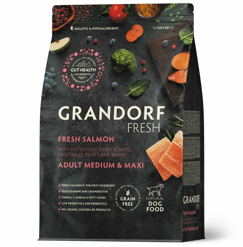 Сухой корм GRANDORF FRESH DOG Salmon MED&MAXI лосось с бататом для собак средних и крупных пород, для здоровья кожи и шерсти или склонных к аллергии 1кг