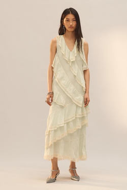 ZARA ПЛАТЬЕ С КРУЖЕВОМ И ОБОРКАМИ - LIMITED EDITION, СВЕТЛО-ЗЕЛЕНЫЙ