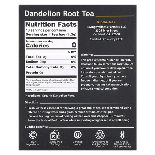 Buddha Teas, Organic Herbal Tea, корень одуванчика, без кофеина, 18 чайных пакетиков, 24 г (0,83 унции)