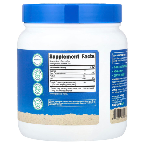 Nutricost, органическая хлорелла в порошке, без добавок, 454 г (16 унций)