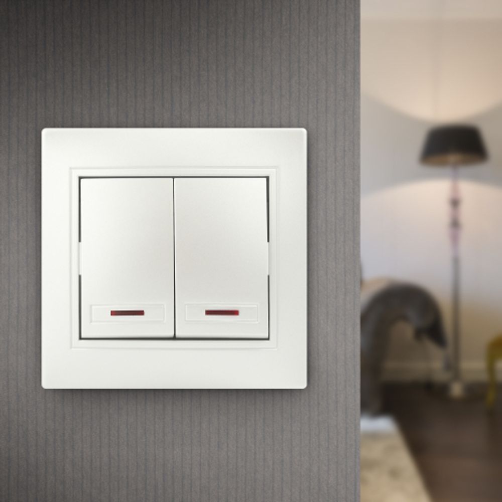 Выключатель Intro Plano 1-105-06 двухклавишный с подсветкой, 10А-250В, IP20, СУ, перламутр