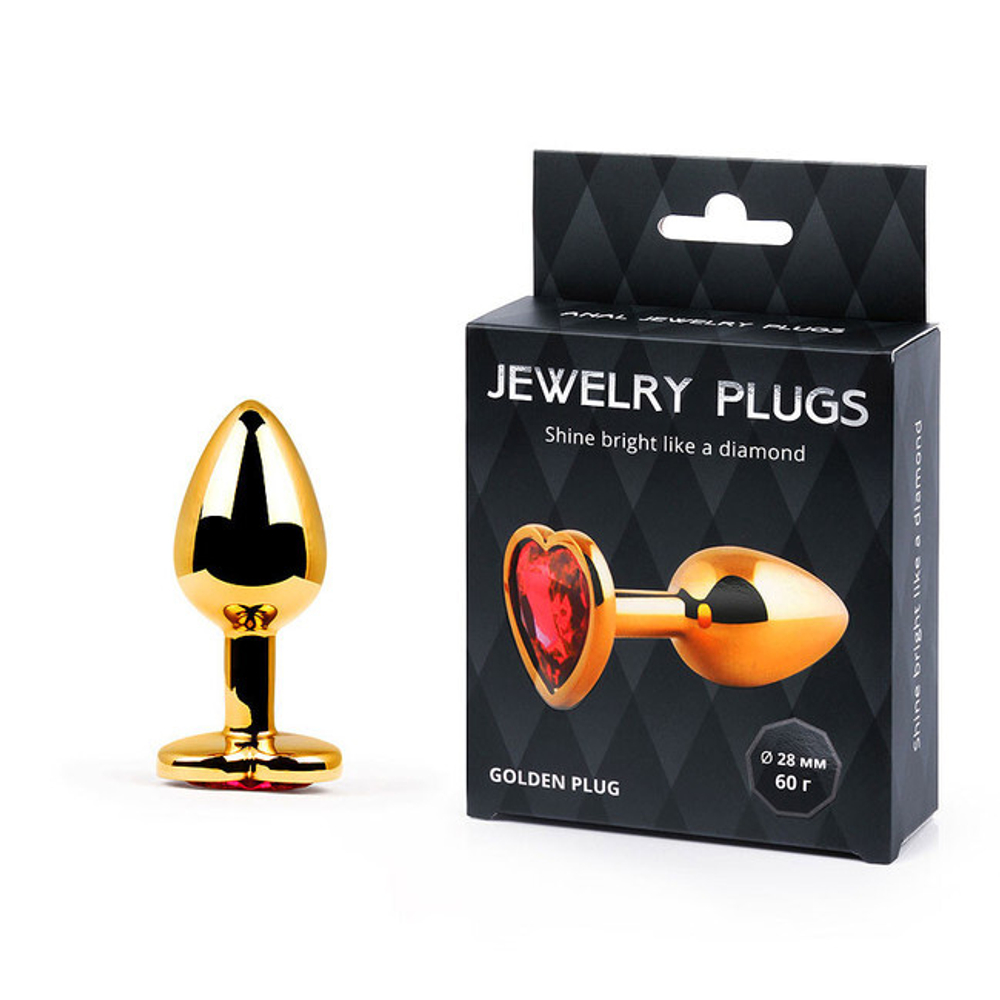 Малая золотая пробка с красным кристаллом в виде сердца Jewelry Plugs Anal, (7 см ) (Цвет: золотой с красным)