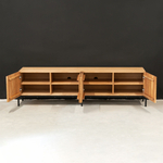 Дизайнерская тумба под телевизор 180 см Грувс из дуба с декоративными резными фасадами, на металлических ножках в стиле лофт