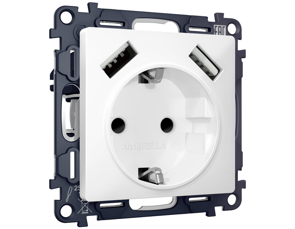 MA129010 Комплект механизма электрической розетки ALFA Белый матовый 2USB A+A 18W (быстрая зарядка) с/з QUANT (AP1290, VM155)