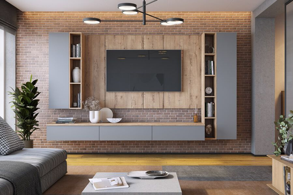 Стенка в гостиную, с тумбой под ТВ и шкафом, ЛДСП/МДФ