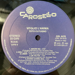 Винтажная виниловая пластинка LP Toto Cutugno Voglio L'Anima (Италия 1980) Soli