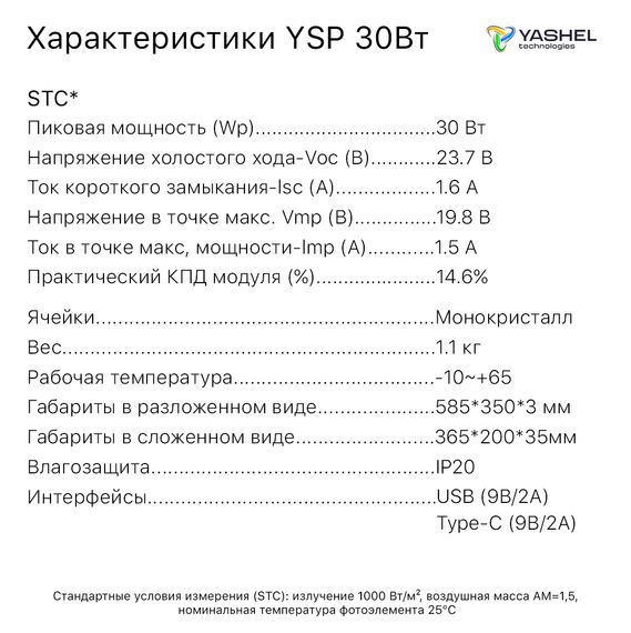 Туристическая солнечная панель YASHEL 30 Ватт, фото №2565779001