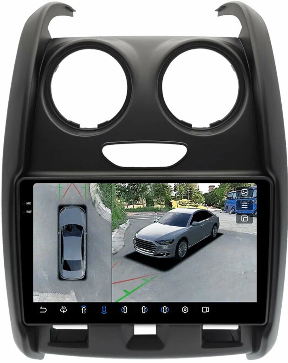 Магнитола для Renault Duster 1 2015-2020, Lada Largus 2021+ (без мультируля, рамка большая матовая) - FarCar BX9-360-7088TA монитор 9.5" 2K QLED на Android 13, 6+128Гб, CarPlay, 4G SIM-слот, 4 камеры в комплекте