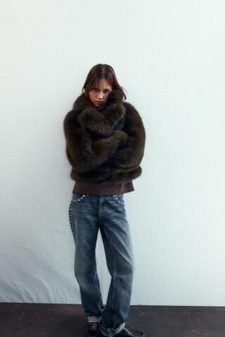 ZARA КОРОТКАЯ ШУБА ИЗ ИСКУССТВЕННОГО МЕХА, ТАБАЧНЫЙ