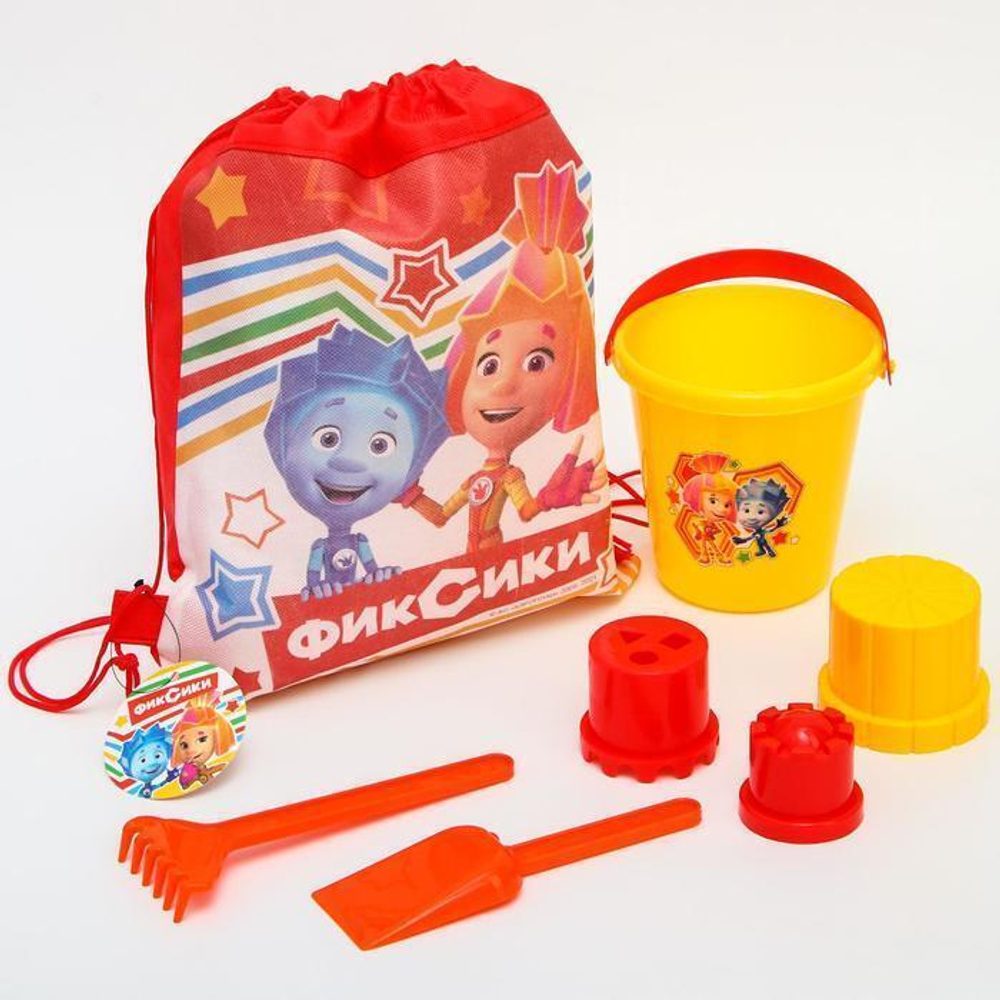 Песочный набор "Фиксики. Симка и Нолик" ведерко 1л, грабли, совок, 3 формочки, в рюкз. (Крошка Я)