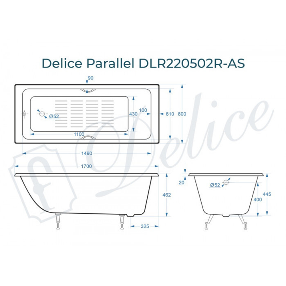 Ванна чугунная Delice Parallel 170х80 с черными матовыми ручками и антискользящим покрытием DLR220502RB-AS