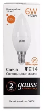 Лампа Gauss LED Elementary Свеча 6W E14 420 lm 3000K  33116