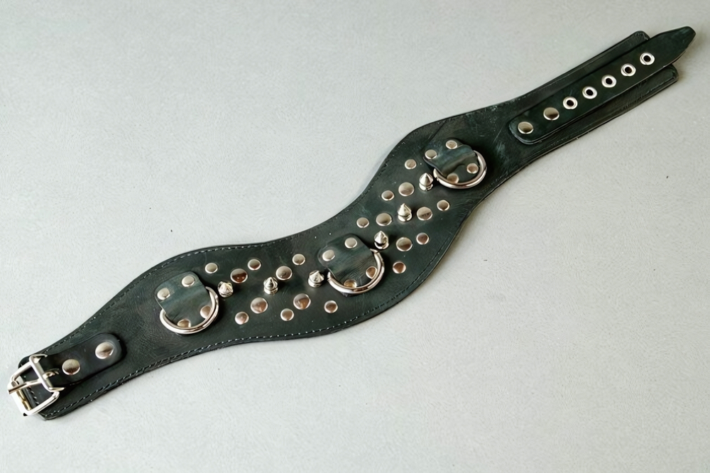 Ошейник фигурный декорированный шипами из натуральной кожи черный (Цвет: черный)