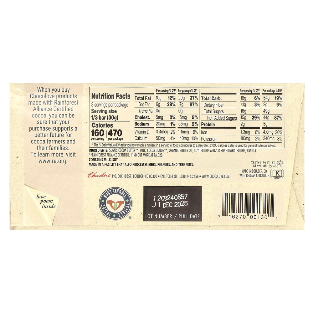 Chocolove, молочный шоколад, 33% какао, 90 г (3,2 унции)