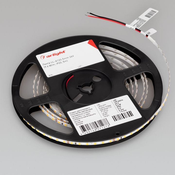 Светодиодная лента Arlight 6W/m 120Led/m 2835SMD холодный белый 5M UL-A120-5mm 24V White6000 044058