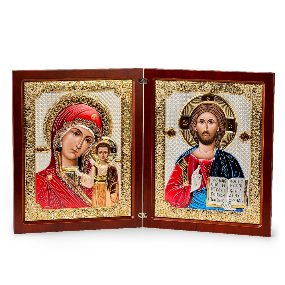Складень, Казанская БМ, Молитва, икона прямоугольная, красное дерево, эмаль 235x370