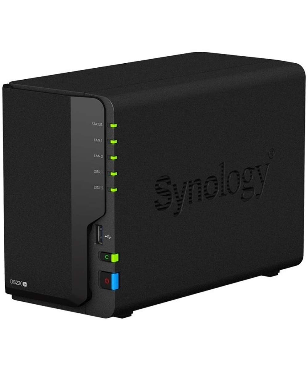 Synology DS220+ Сетевое хранилище DC 2,0GhzCPU/2GB(upto6)/RAID0,1/up to 2HDDs SATA(3,5' 2,5')/2xUSB3.0/2GigEth/iSCSI/2xIPcam(up to 25)/1xPS /1YW