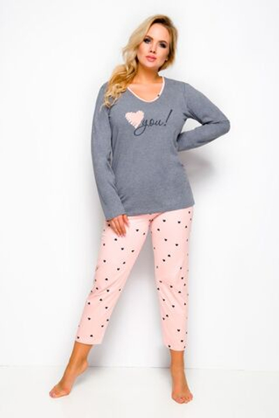 Хлопковая пижама Lena с сердечками (Размер: 4X) (Цвет: серый с персиковым)