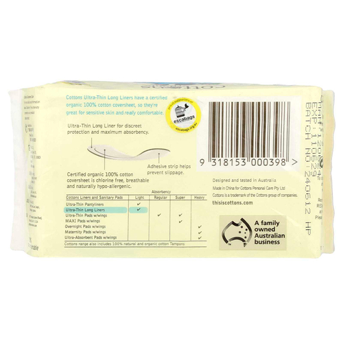 Cottons, Ультратонкие прокладки увеличенной длины с покрывающим слоем из 100% чистого хлопка, 32 шт.